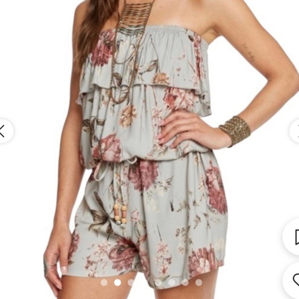 CHASER-  Heirloom Ruffle Romper Sage Floral Strapless Drawstring Waist